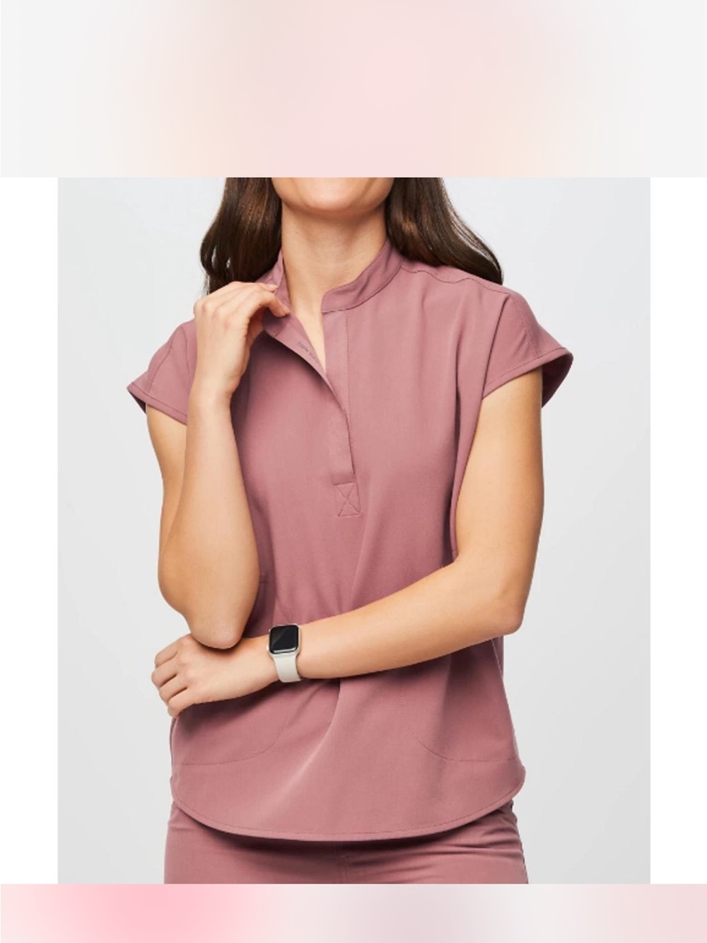 Figs Women's Short Sleeve Mock Neck Top in Dusty Rose